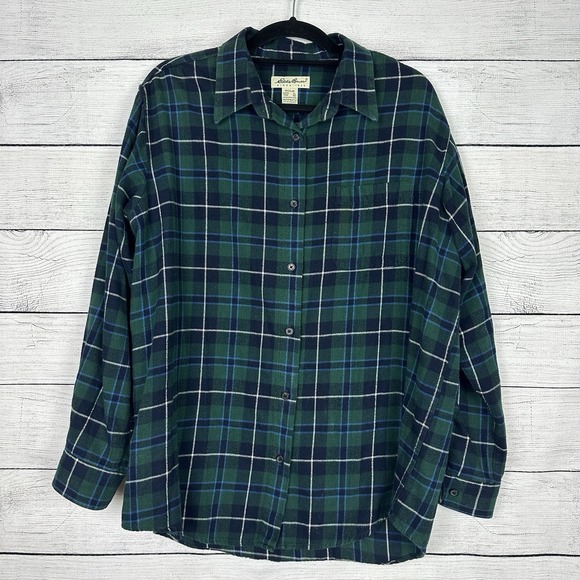 Eddie Bauer Women's Cotton‎ Button Up Flannel Shirt Green Blue Plaid Size XL - Picture 1 of 5